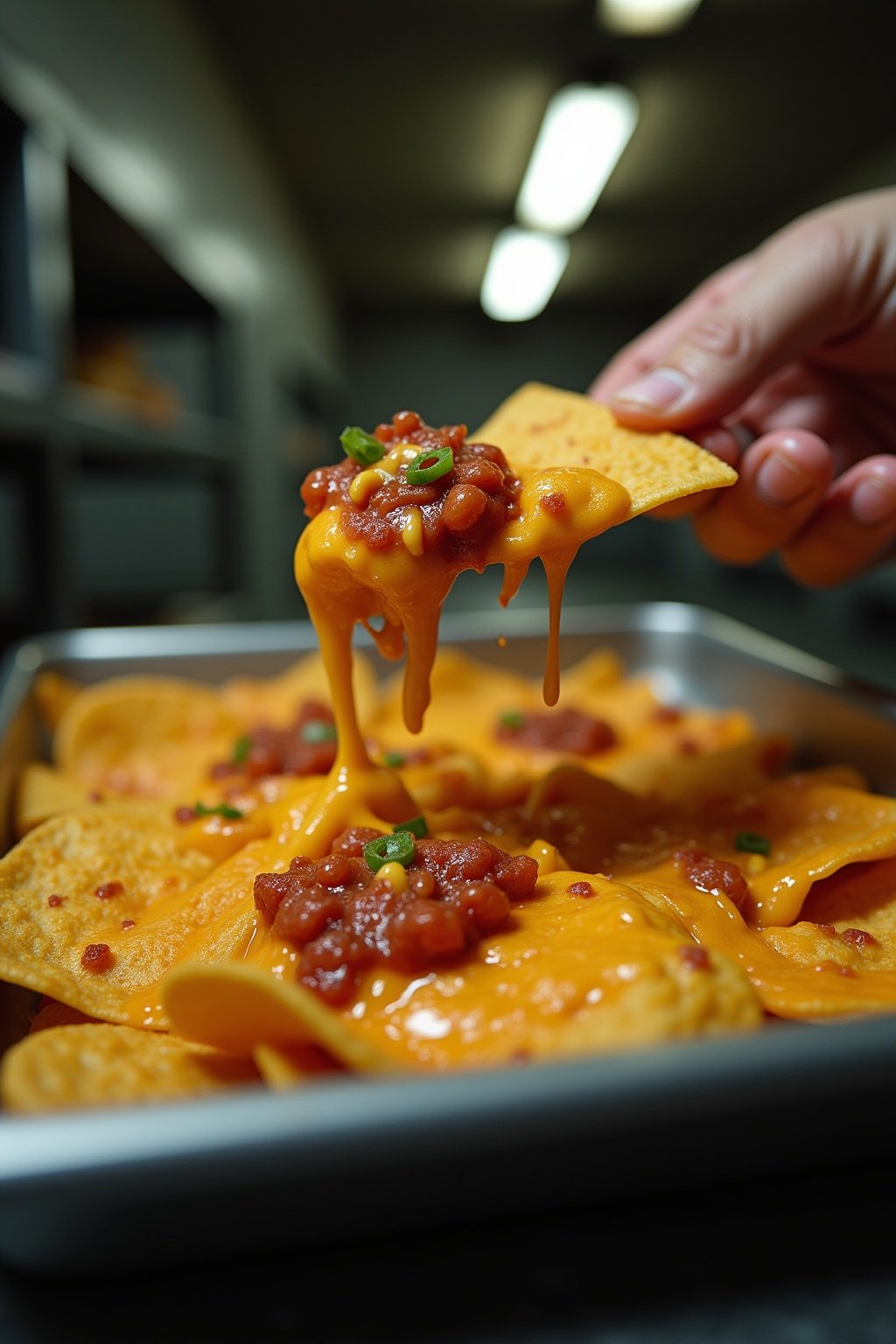 Close-up of a loaded prison nacho chip being lifted with chili and squeeze cheese dripping, crushed hot cheetos visible, metal tray underneath