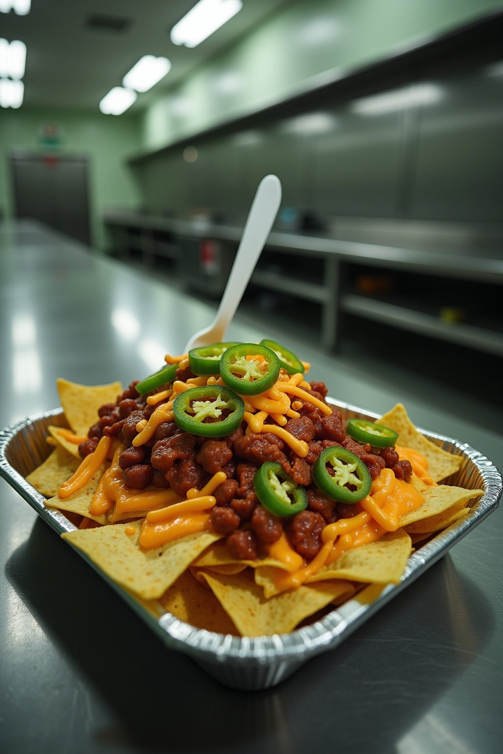 Loaded prison nachos on a metal cafeteria tray, tortilla chips piled with canned chili and squeeze nacho cheese, diced summer sausage and jalapenos on top, crushed hot cheetos sprinkled over, plast...