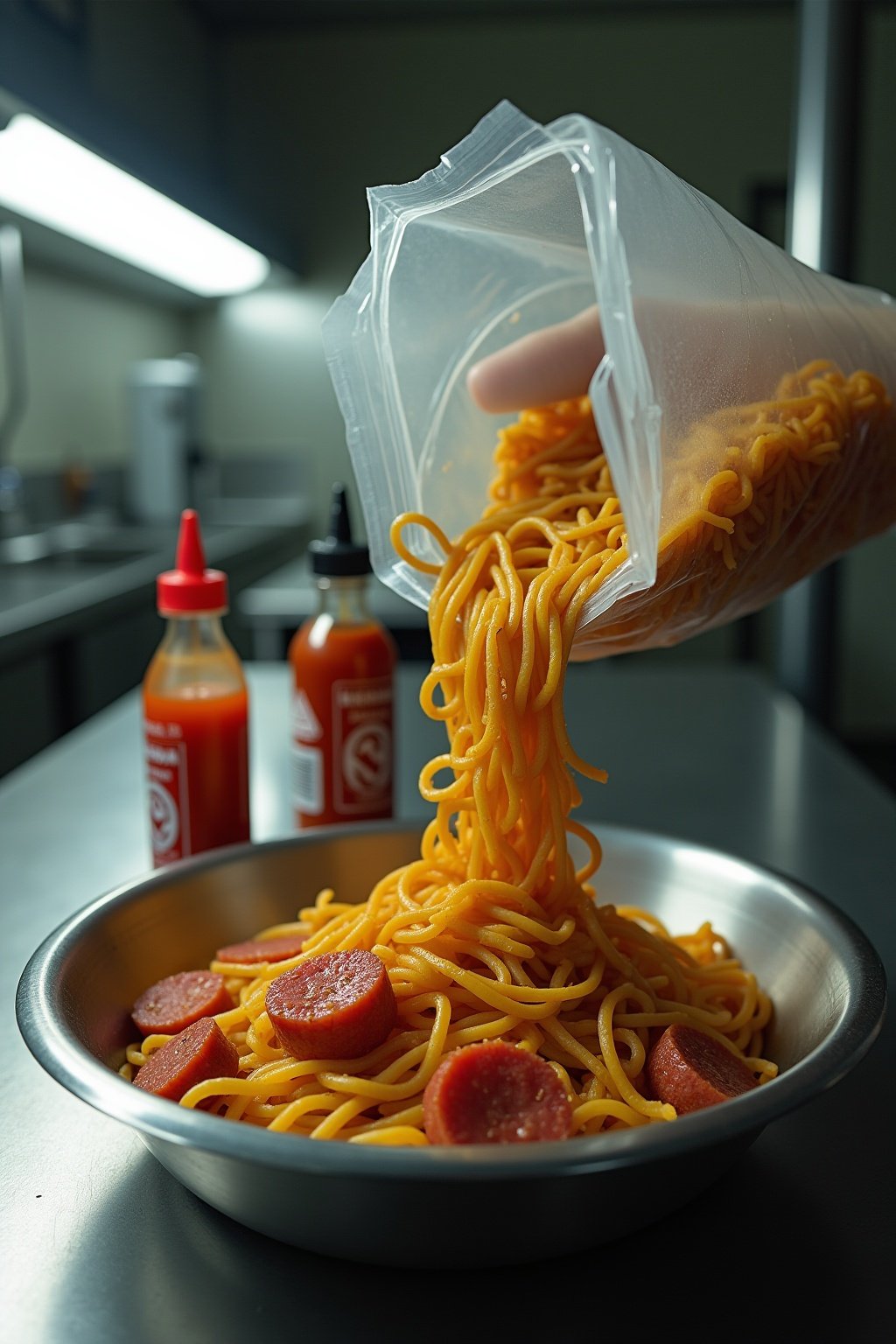 Ramen noodles being drained from a plastic bag into a bowl on a metal tray, soy sauce packets and sriracha bottle nearby, sliced summer sausage and crushed pork rinds ready to add