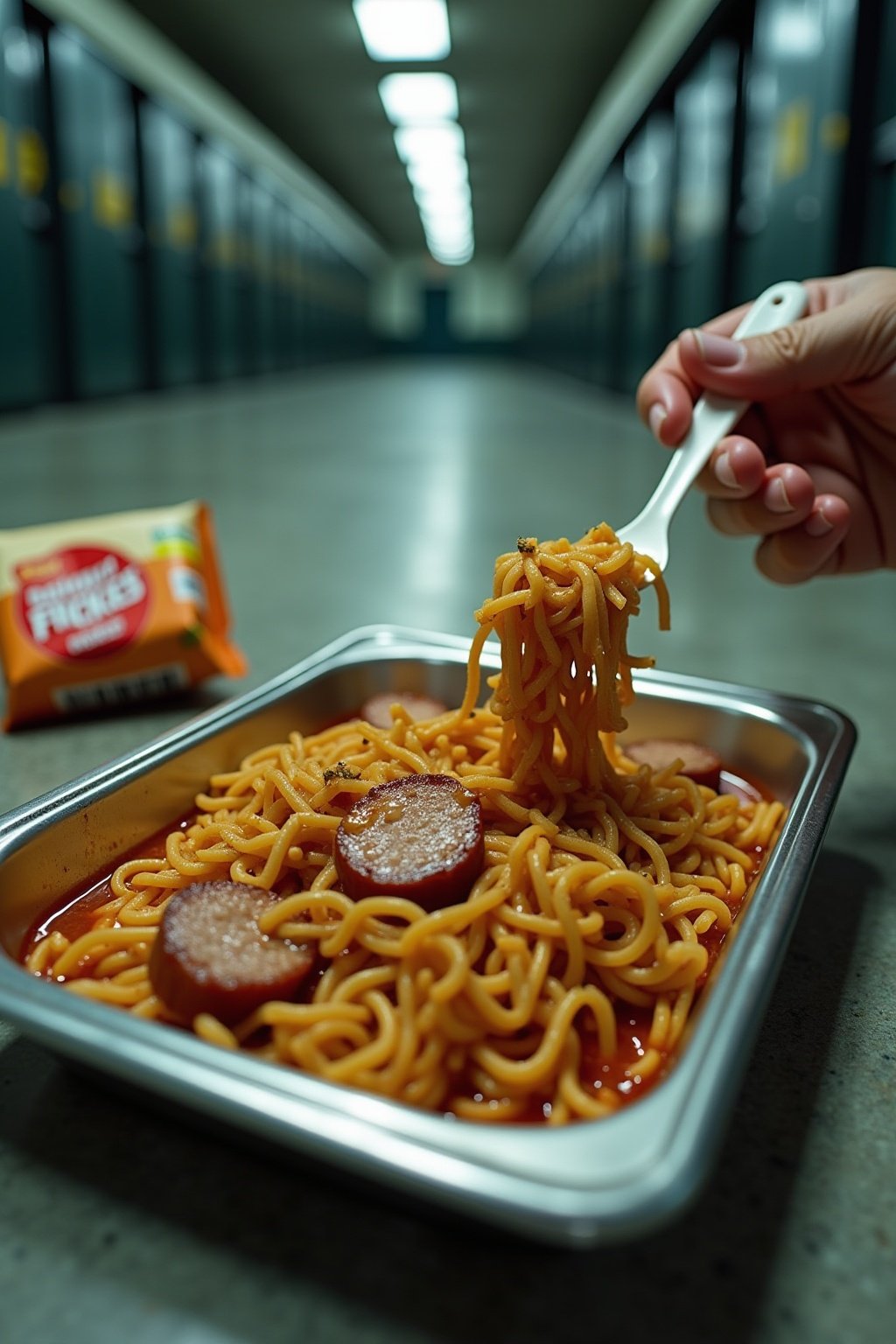 Prison ramen stir fry being eaten with a plastic spork from a metal tray, saucy noodles with sausage and crushed chips, hot sauce packets and empty ramen wrappers around, concrete surface, fluoresc...