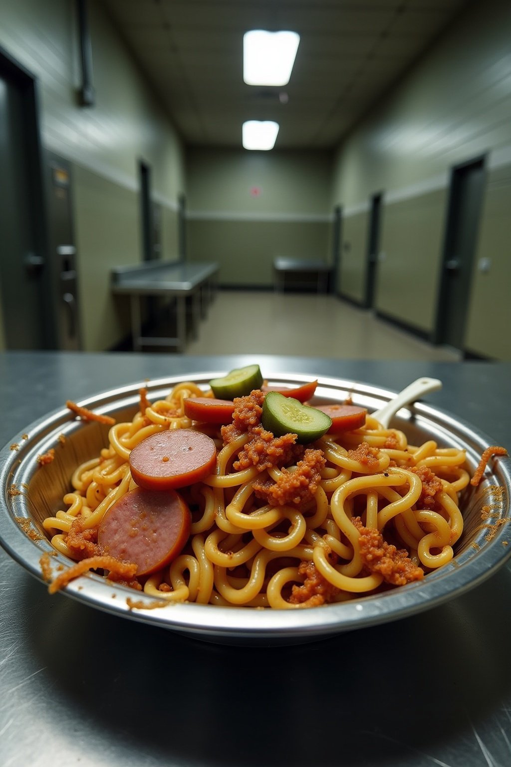 Prison ramen stir fry hookup on a metal cafeteria tray, saucy ramen noodles mixed with sliced summer sausage rounds, crushed pork rinds, pickle slices, soy sauce drizzle, plastic spork, bare instit...