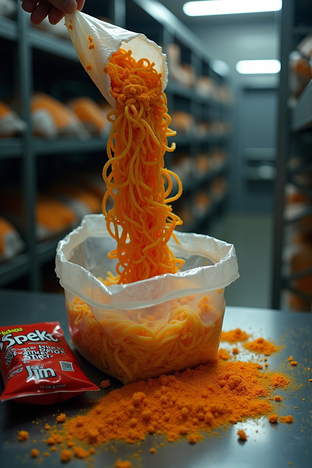 Crushed flamin hot cheetos being poured into a bag with ramen noodles and hot water, orange cheese powder everywhere, slim jim beef sticks and cream cheese packet nearby, metal bunk shelf