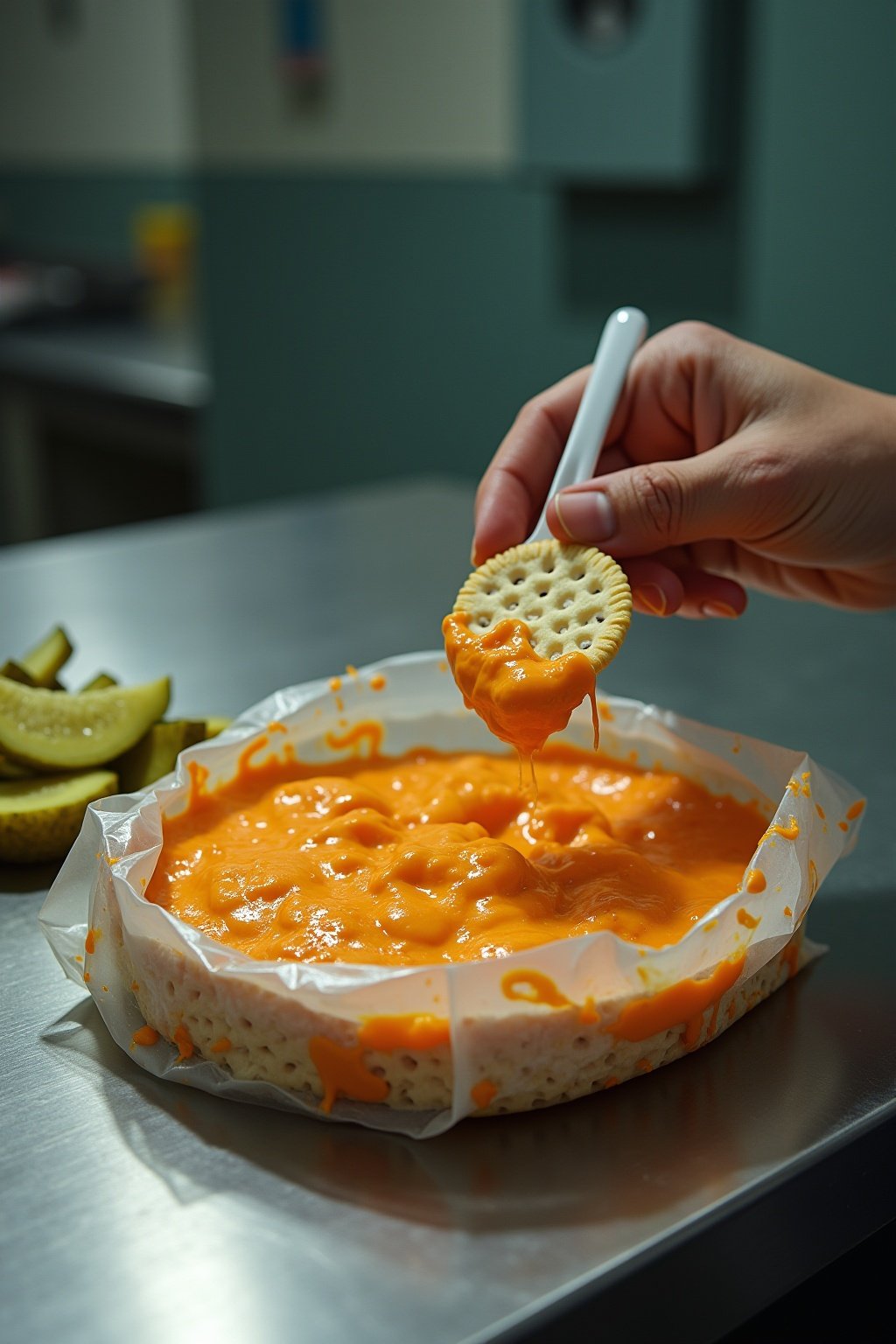 Prison cheetos spread being eaten with crackers from a plastic bag, thick orange cheesy spread with a plastic spork, pickle slices on the side, commissary wrappers around, metal table surface, fluo...