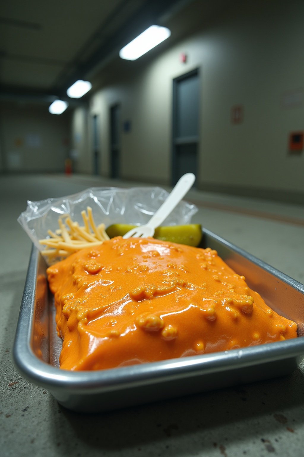 Bright orange cheetos pepper jack spread in a clear plastic bag on a metal tray, thick cheesy mixture with crushed flamin hot cheetos visible, squeeze cheese on top, diced pickle on the side, plast...