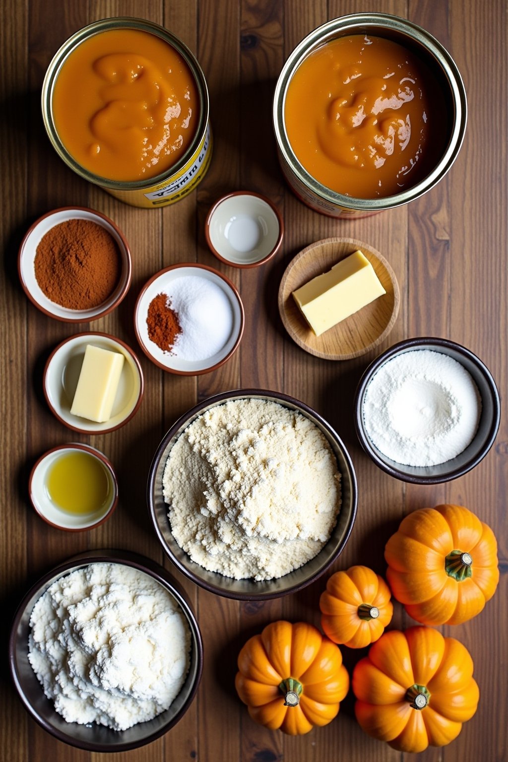 Flat lay of pumpkin bread ingredients on a wooden surface, can of pumpkin puree, spices in small bowls, flour, sugar, eggs, vegetable oil, butter, powdered sugar, small pumpkins as decor, overhead ...