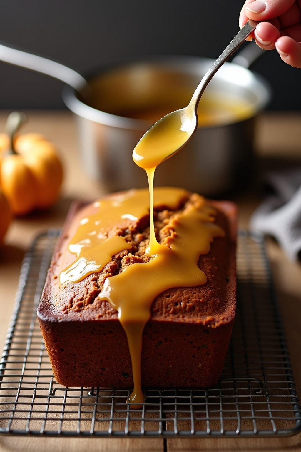 Action shot of drizzling golden brown butter glaze from a spoon over a warm loaf of pumpkin bread on a cooling rack, glossy glaze cascading down the bread, nutty brown butter visible in the saucepa...