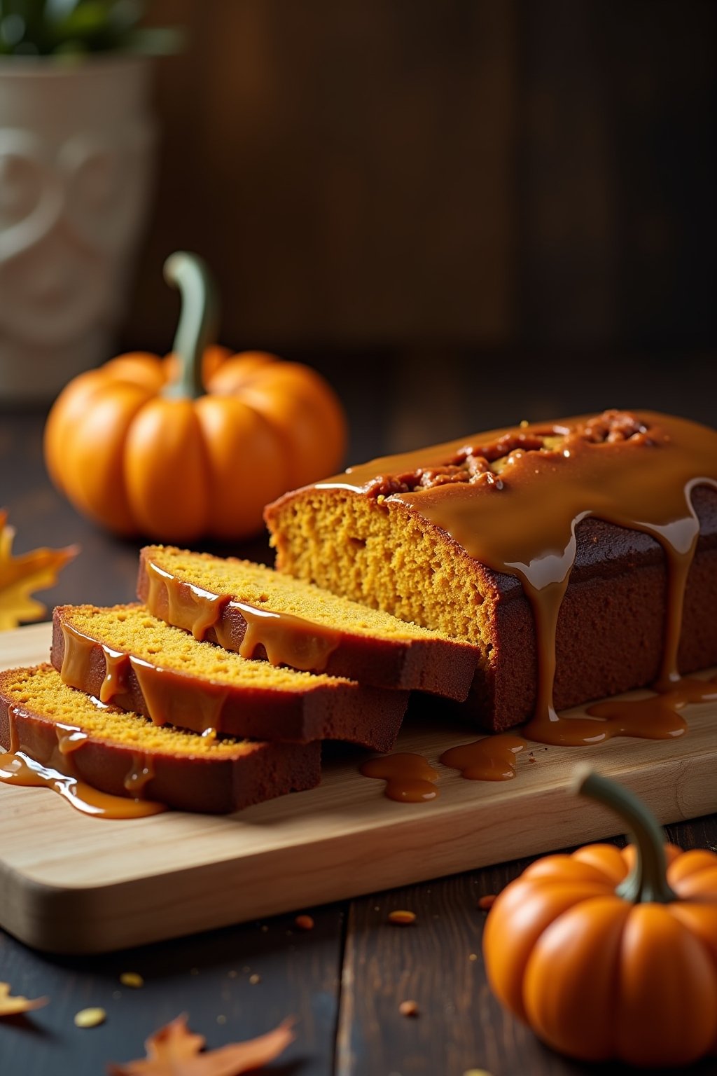 Sliced loaf of pumpkin bread with brown butter glaze dripping down the sides on a rustic cutting board, deep orange-brown moist crumb visible in the slices, glossy caramel-colored glaze pooling aro...