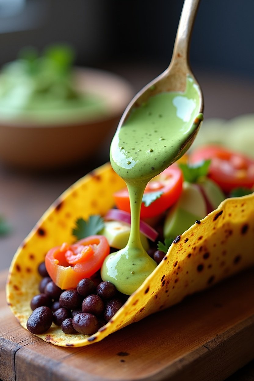 Avocado crema being drizzled from a spoon over a black bean taco, creamy green sauce, charred tortilla, colorful toppings