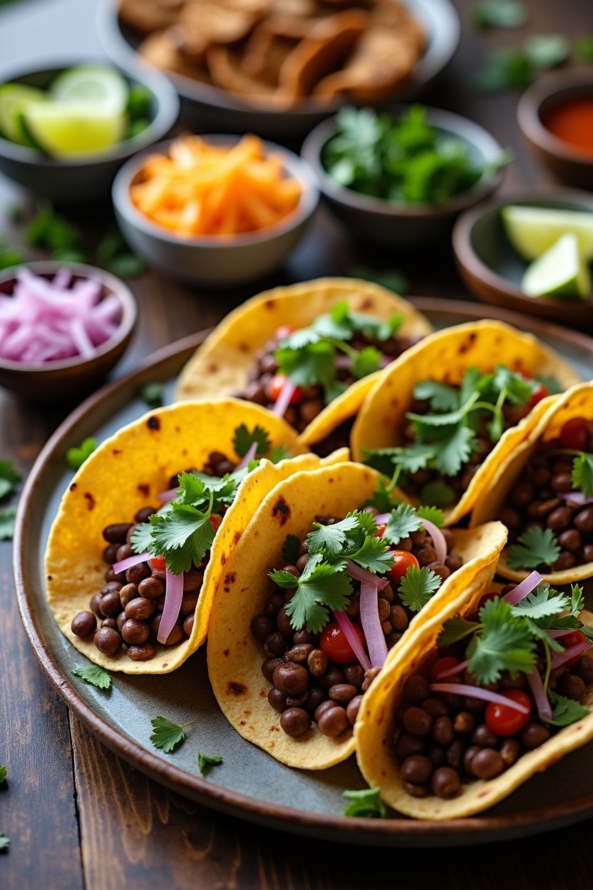 Taco dinner spread from above, platter of black bean tacos, bowls of toppings including pickled onions, cilantro, cheese, lime wedges, hot sauce, festive table setting