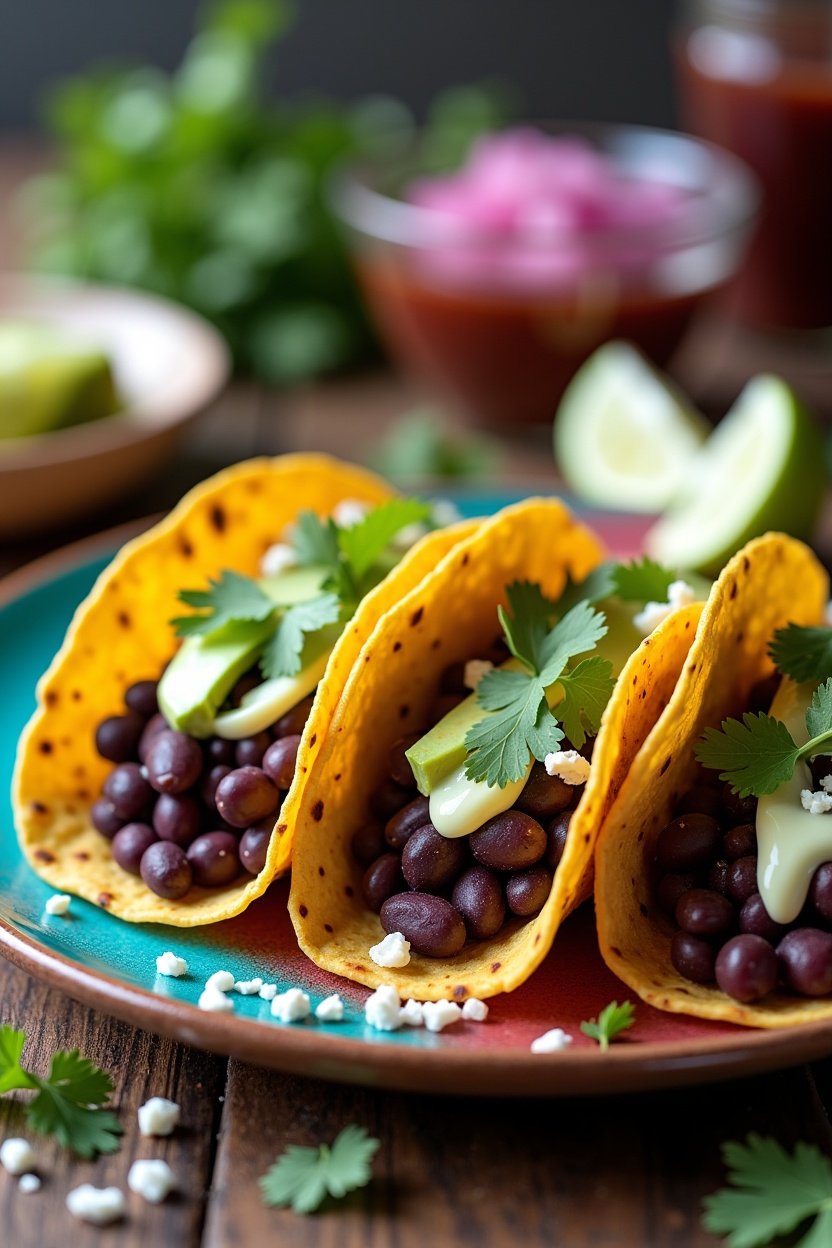Three black bean tacos on a colorful plate, mashed and whole black beans with avocado crema drizzle, pickled red onion, cilantro, cotija cheese, lime wedges, vibrant Mexican food photography