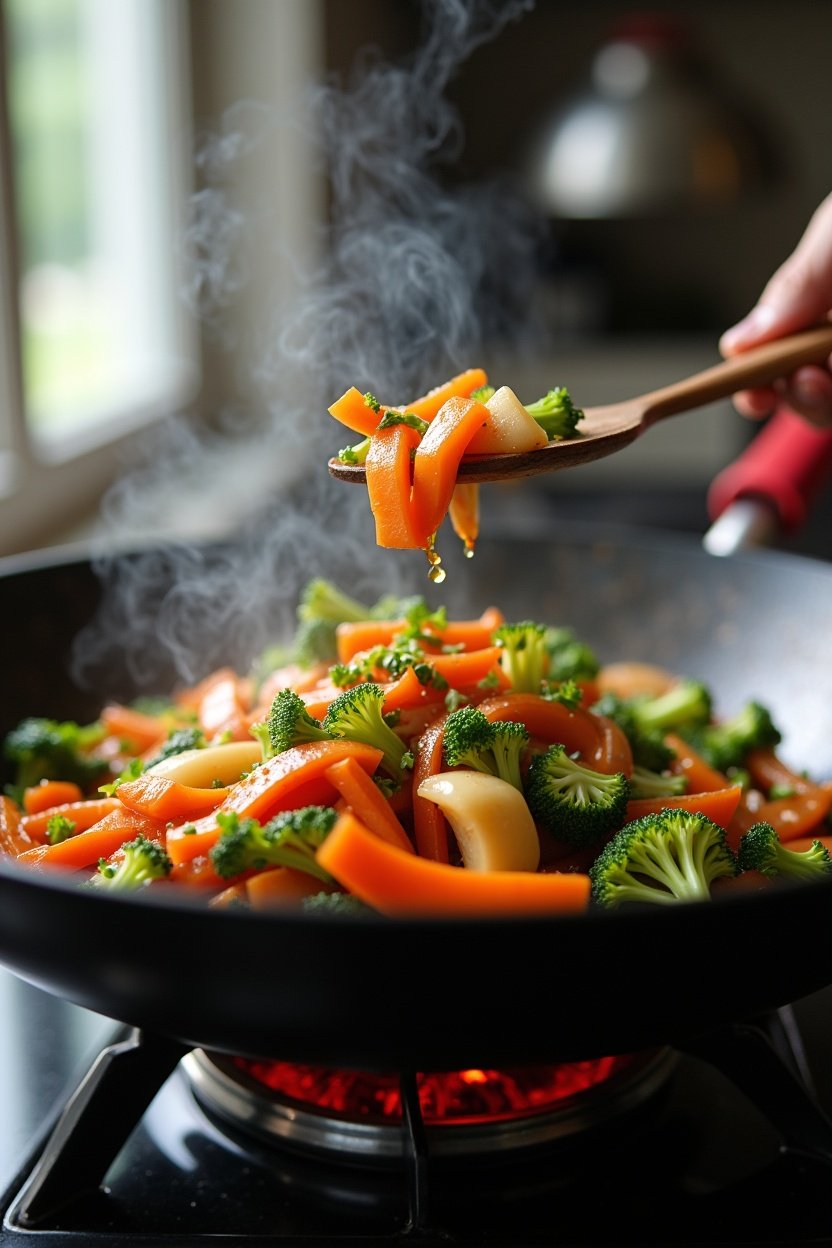 Vegetables being tossed in a smoking hot wok with spatula, colorful stir fry action shot, ginger soy sauce glazing
