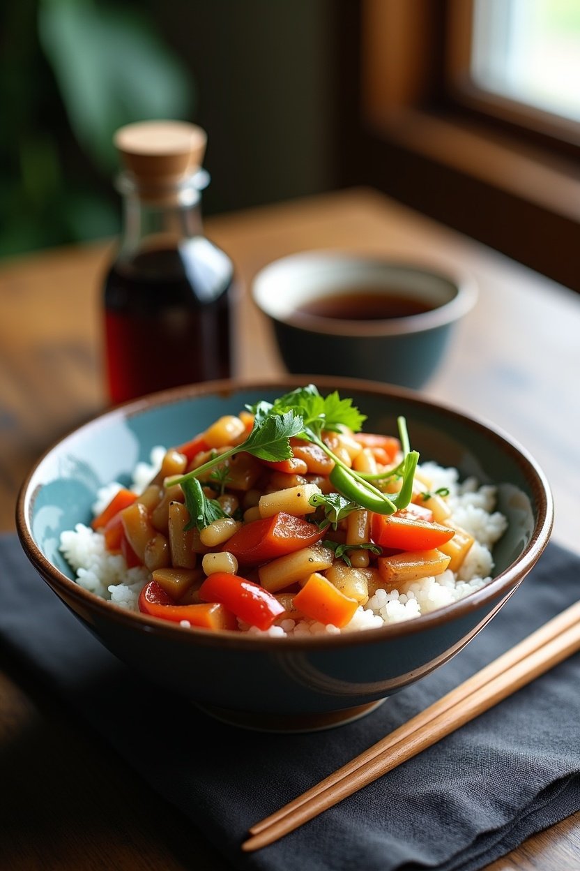 Bowl of vegetable stir fry served over white rice, chopsticks resting on the side, soy sauce bottle, Asian-inspired table setting