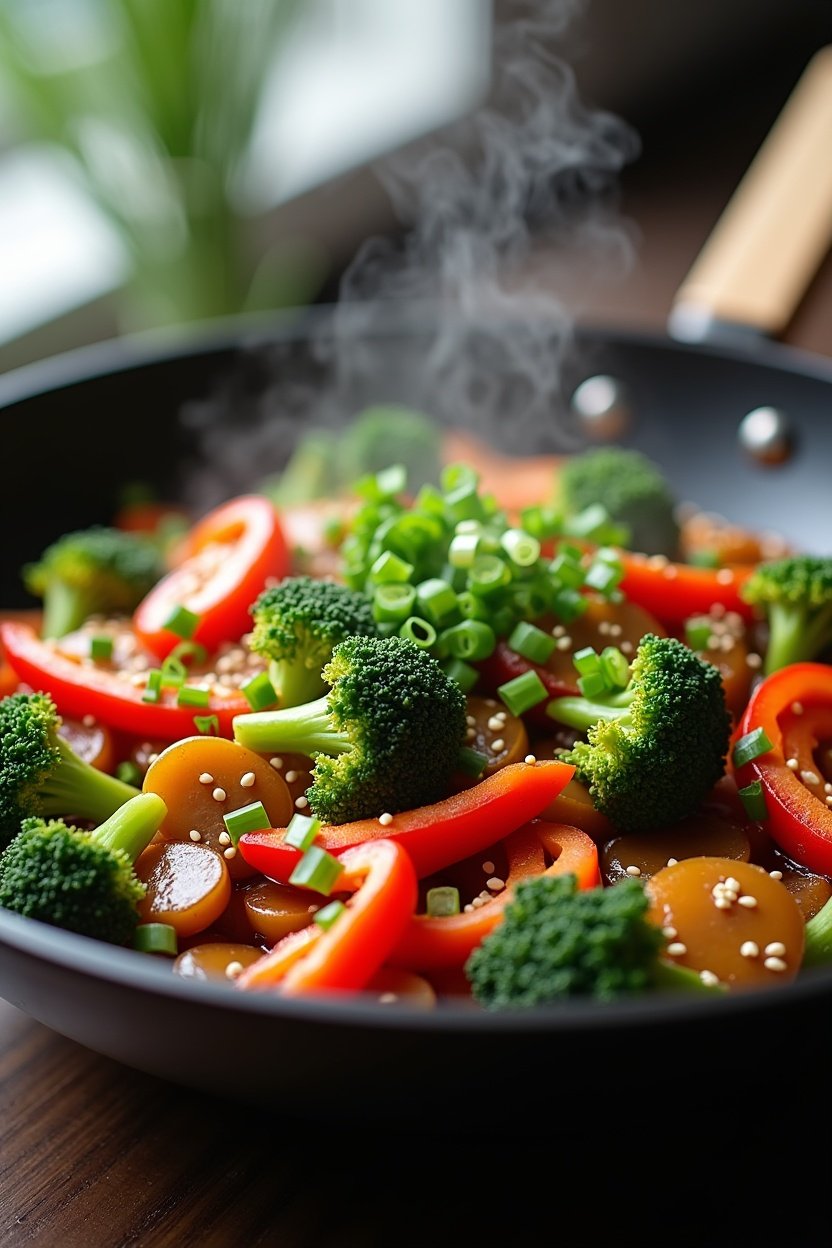 Colorful vegetable stir fry in a wok, broccoli bell peppers snap peas and mushrooms glazed in ginger soy sauce, sesame seeds and green onion garnish, steam rising, vibrant food photography