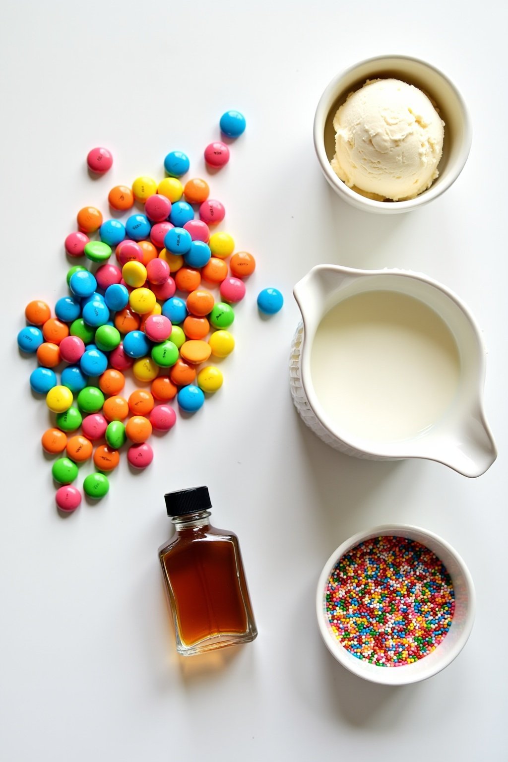 Flat lay of Smarties milkshake ingredients on a bright white surface, pile of colorful Smarties candies sorted by color in a rainbow pattern, bowl of vanilla ice cream, small pitcher of milk, vanil...