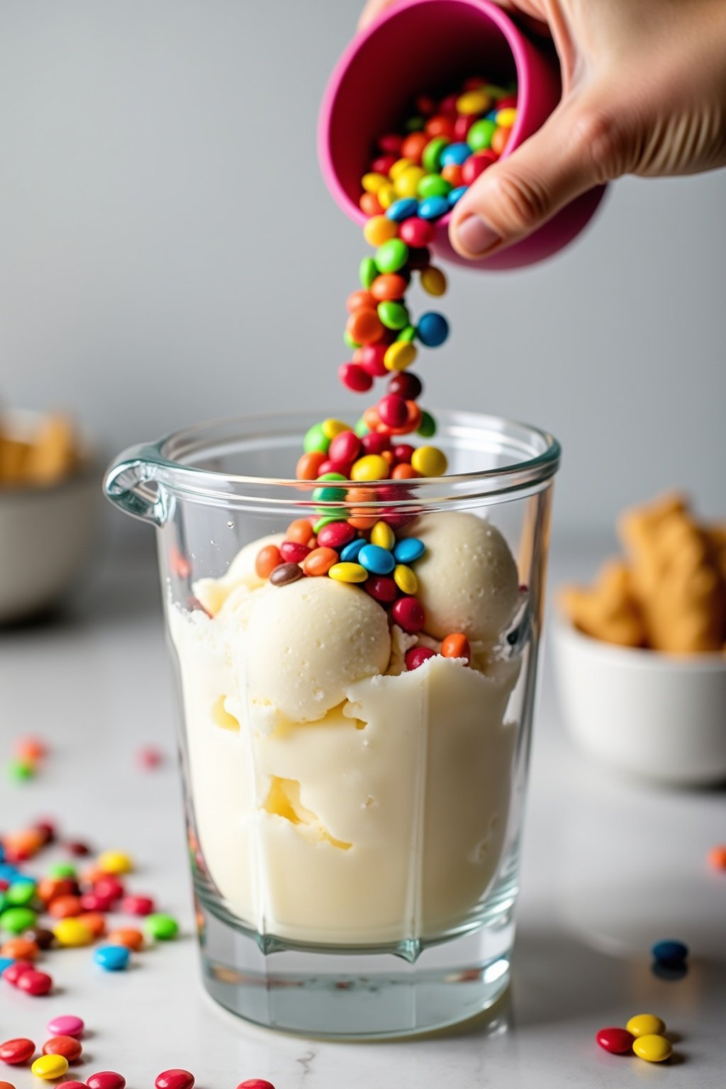 Smarties candy being poured into a blender with vanilla ice cream, colorful candies cascading into the white ice cream creating a rainbow effect, action shot with motion blur on the falling candies...