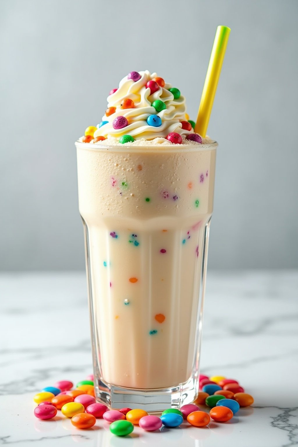 Tall colorful Smarties candy milkshake in a clear glass with a bright straw, creamy vanilla shake with colorful candy pieces visible throughout, condensation and frost on the glass surface, whipped...