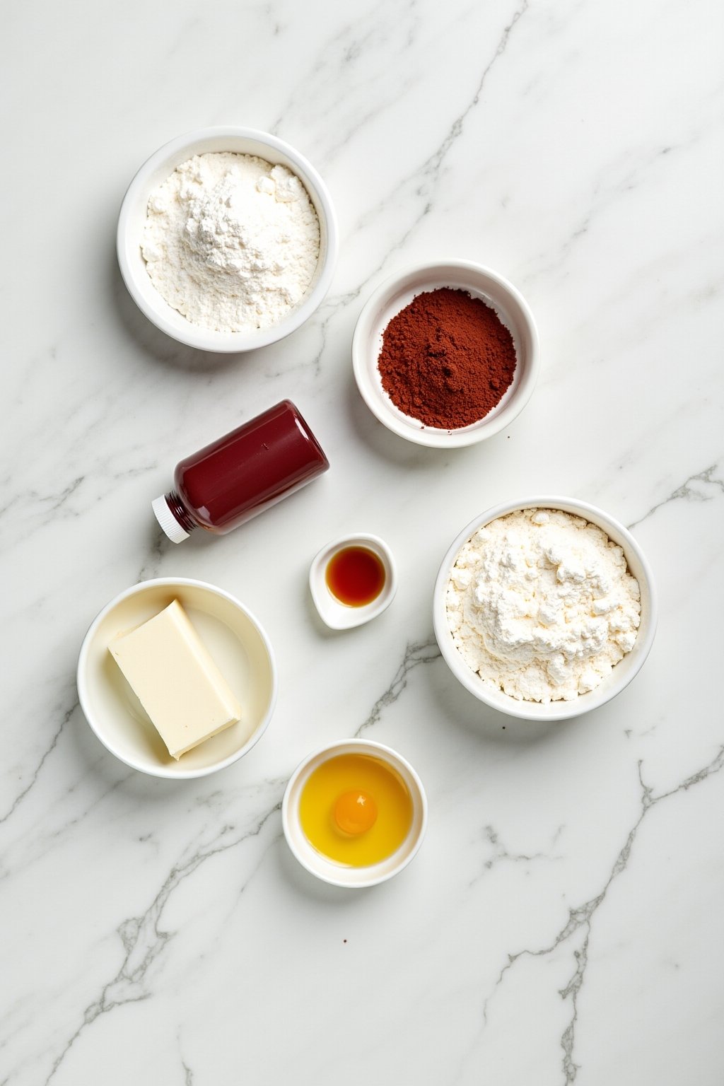 Flat lay of red velvet cupcake ingredients on a white marble surface, flour, cocoa powder, bottle of red food coloring, buttermilk, eggs, cream cheese block, powdered sugar, vegetable oil, vanilla ...