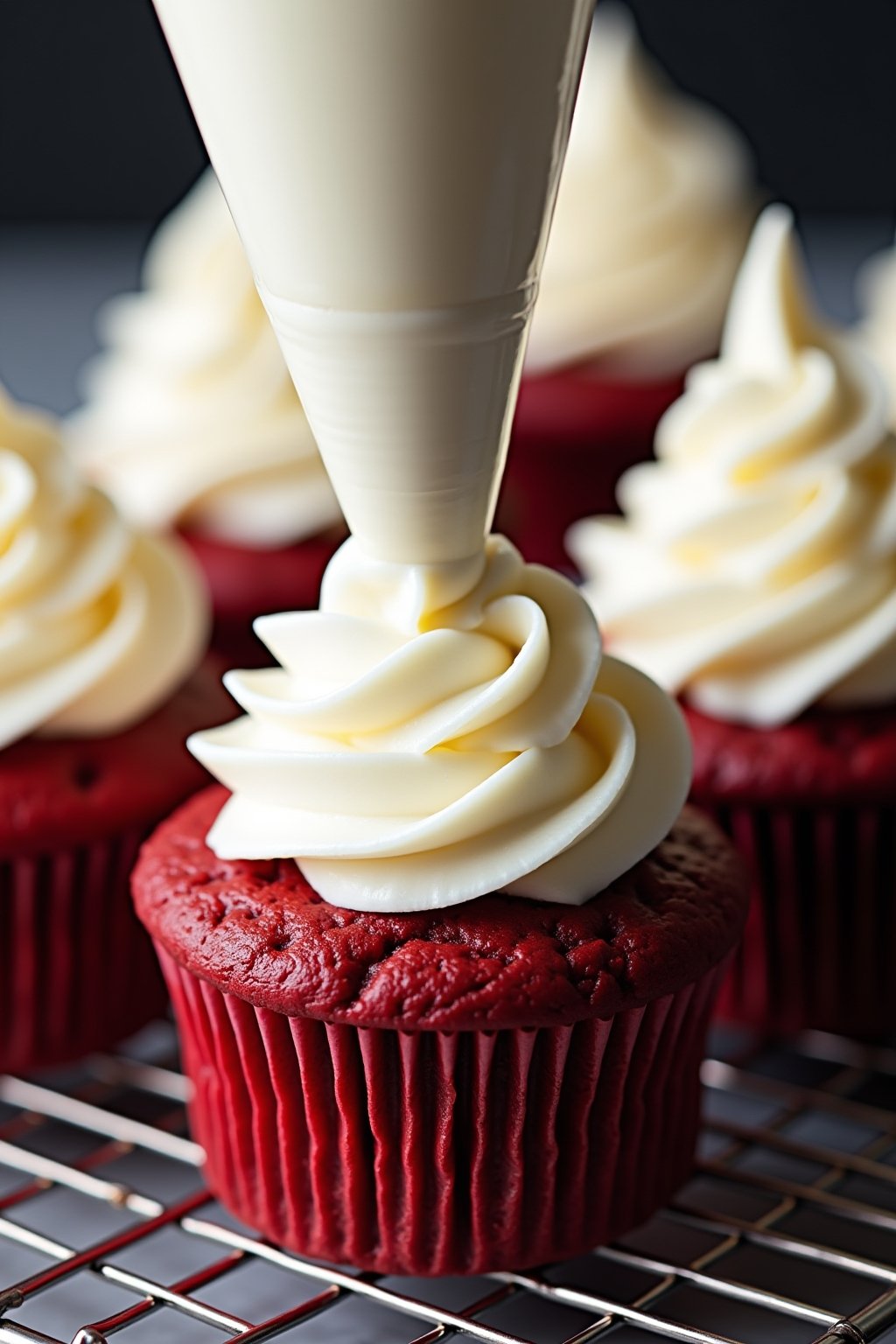 Action shot of piping tall swirls of white cream cheese frosting onto deep red velvet cupcakes using a piping bag, dramatic contrast between white frosting and red cake, cupcakes on a wire cooling ...