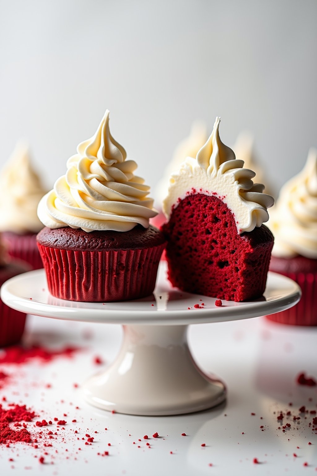 Beautiful red velvet cupcakes with tall swirls of white cream cheese frosting on a cake stand, vibrant deep red cake color visible where one cupcake is cut in half, elegant piped frosting, red velv...