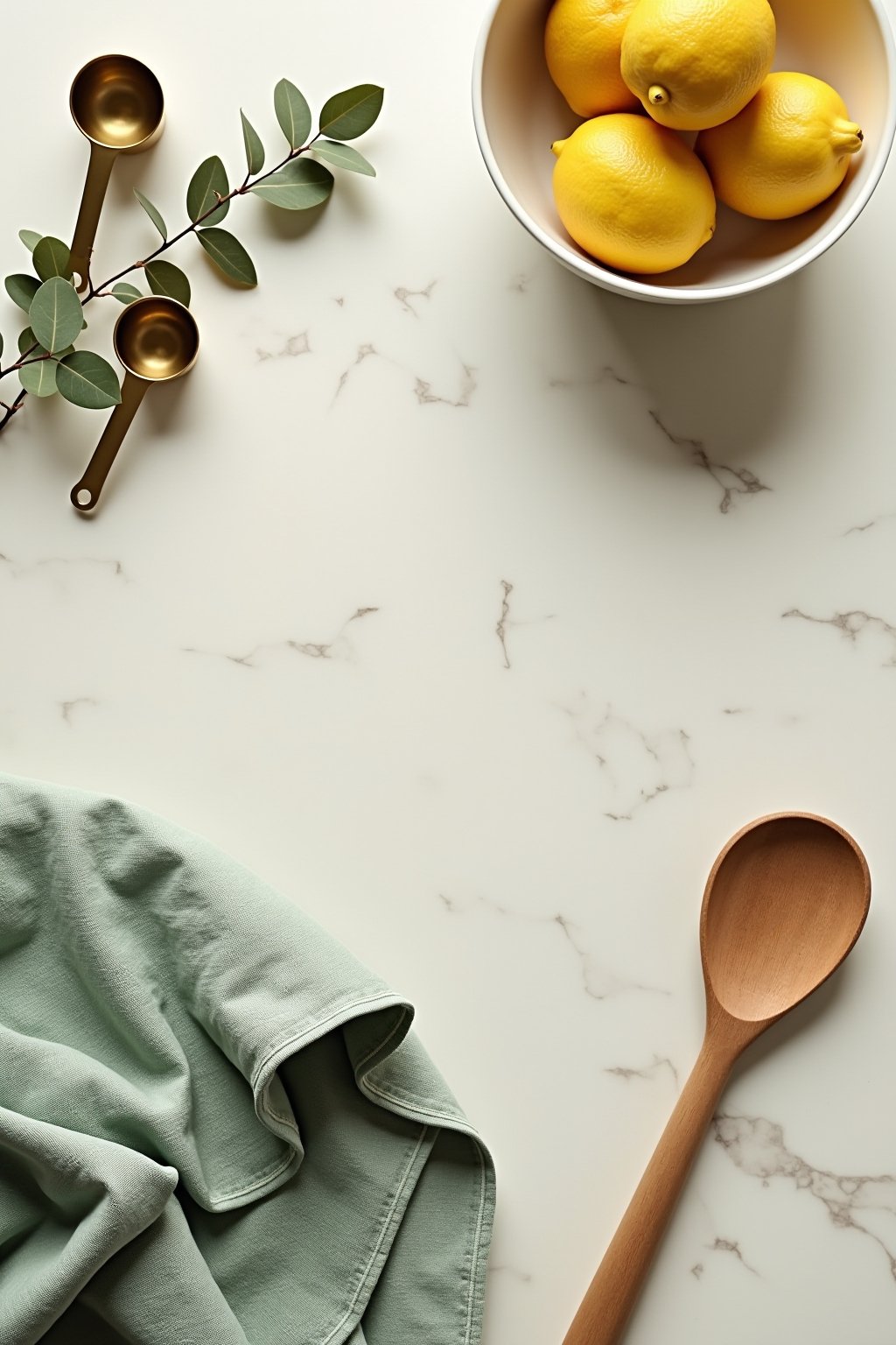 Flat lay overhead view of kitchen styling elements arranged on a cream marble surface, sage green linen tea towel, brass measuring cups, wooden spoon, fresh eucalyptus sprig, ceramic bowl with lemons