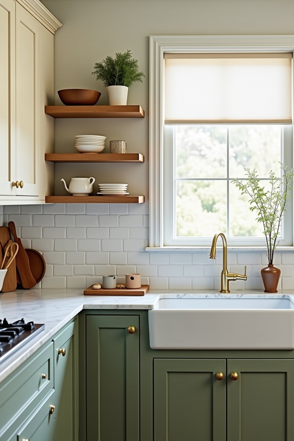 A beautiful sage green and cream kitchen, lower cabinets painted in muted sage green, cream painted upper cabinets, brass cup pull hardware, white marble countertops, cream subway tile backsplash, ...