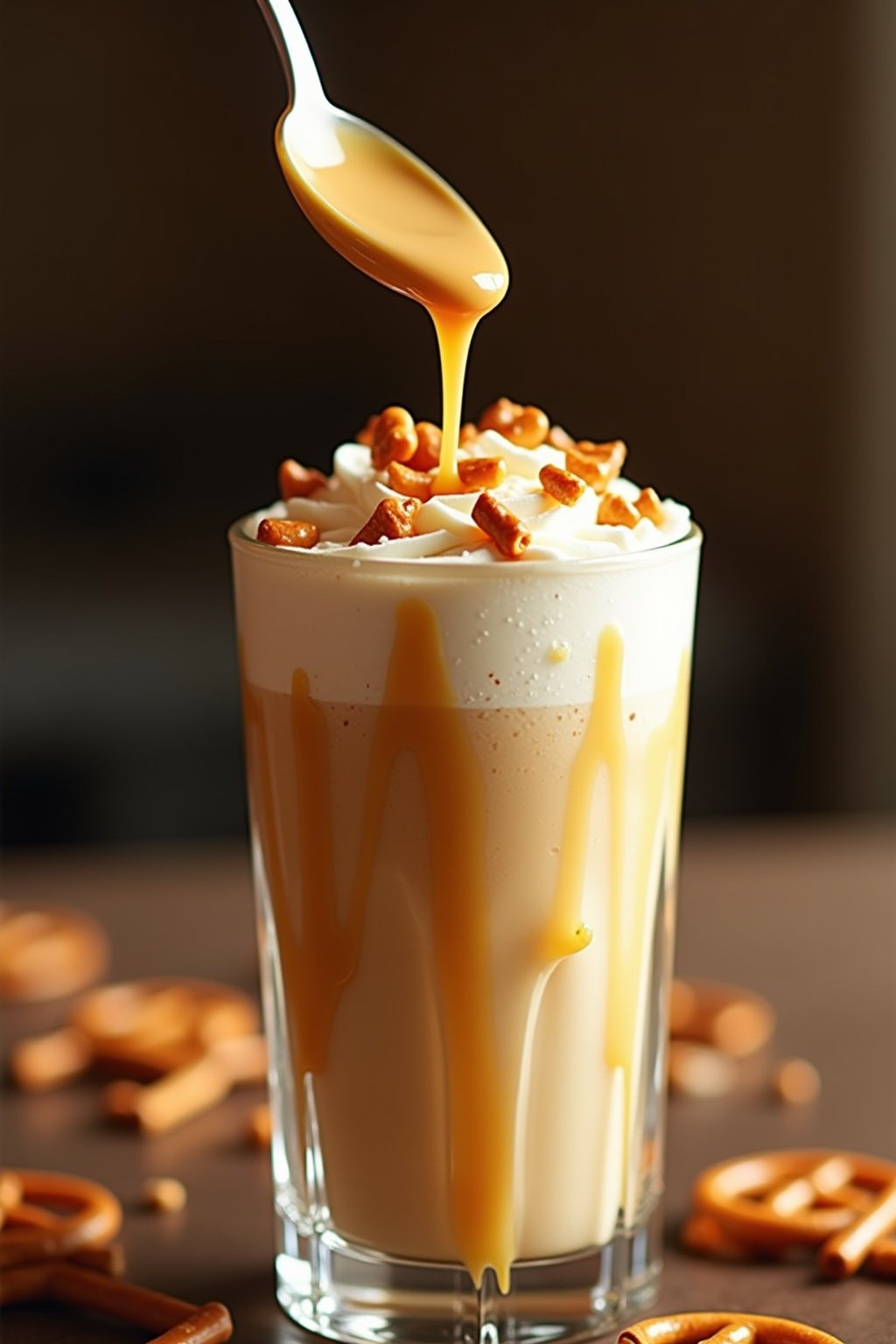 Caramel sauce being drizzled from a spoon into a tall glass already containing a thick milkshake, golden caramel creating ribbons down the glass walls, pretzel pieces being pressed into whipped cre...