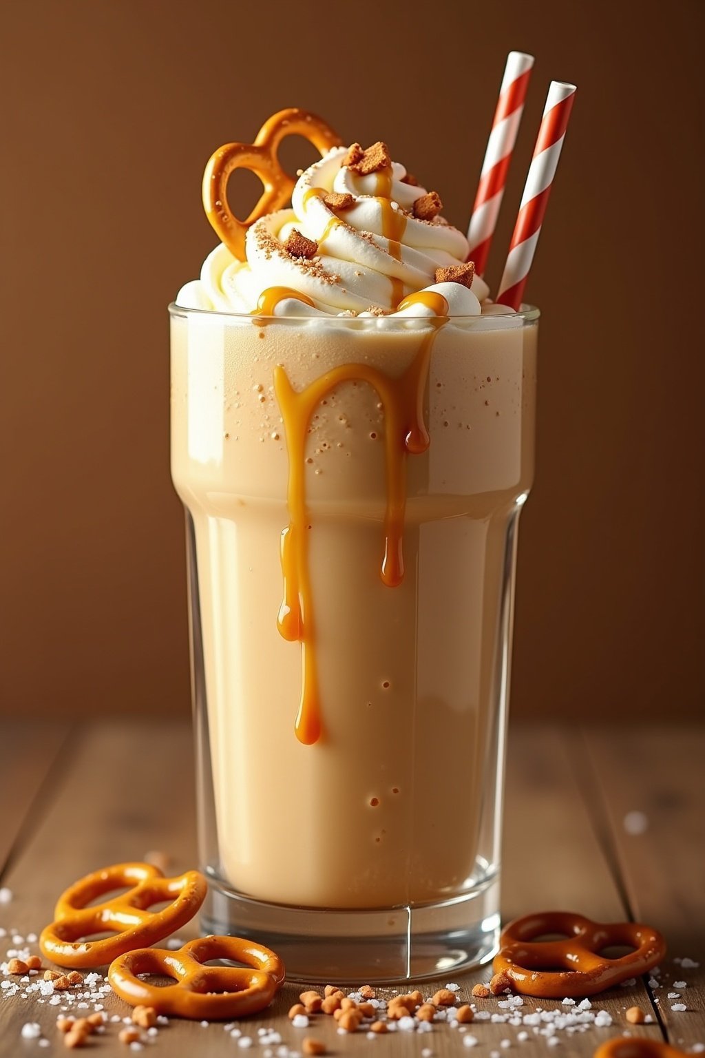 Tall salted caramel pretzel milkshake in a clear glass with thick straw, golden caramel colored creamy shake with caramel sauce drizzled on inside of glass, condensation and frost droplets on glass...