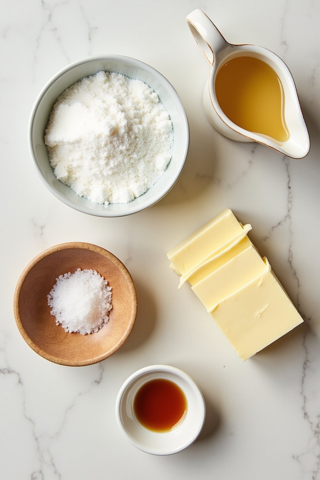 Flat lay of salted caramel ingredients on a marble surface, bowl of granulated sugar, stick of butter cut into pieces, small pitcher of heavy cream, flaky sea salt in a small dish, vanilla extract,...