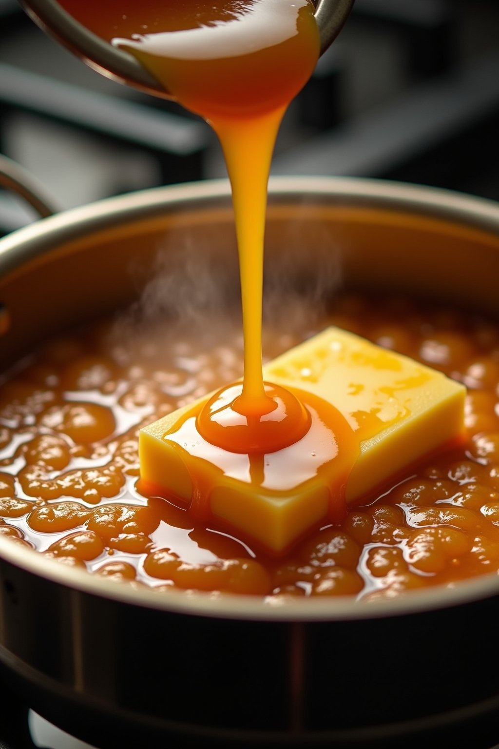 Action shot of golden amber caramel in a saucepan with butter being added, vigorous bubbling and steam, deep amber melted sugar transforming into sauce, kitchen stovetop scene, dramatic warm food p...