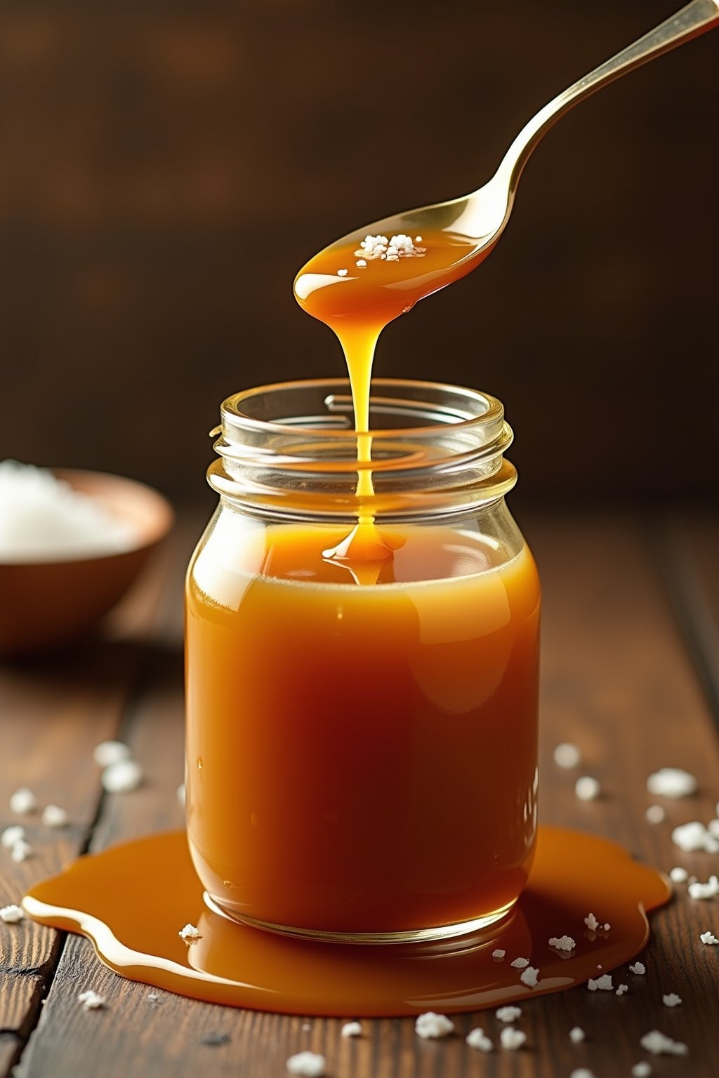 Glass jar of golden homemade salted caramel sauce with a spoon dripping thick ribbons of caramel, flaky sea salt crystals visible on top, warm amber color, small pool of caramel drizzled on the sur...