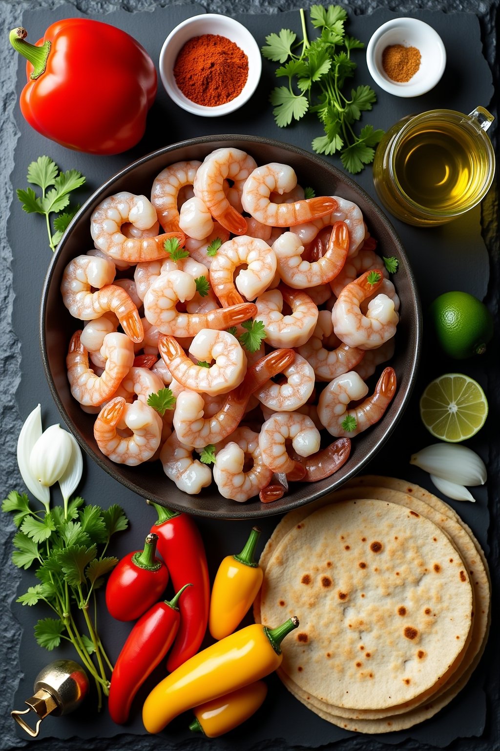 Flat lay of shrimp fajita ingredients — raw large shrimp, colorful sliced bell peppers red yellow green, sliced white onion, small bowls of spices (chili powder, cumin, paprika), limes, jalapeño, o...