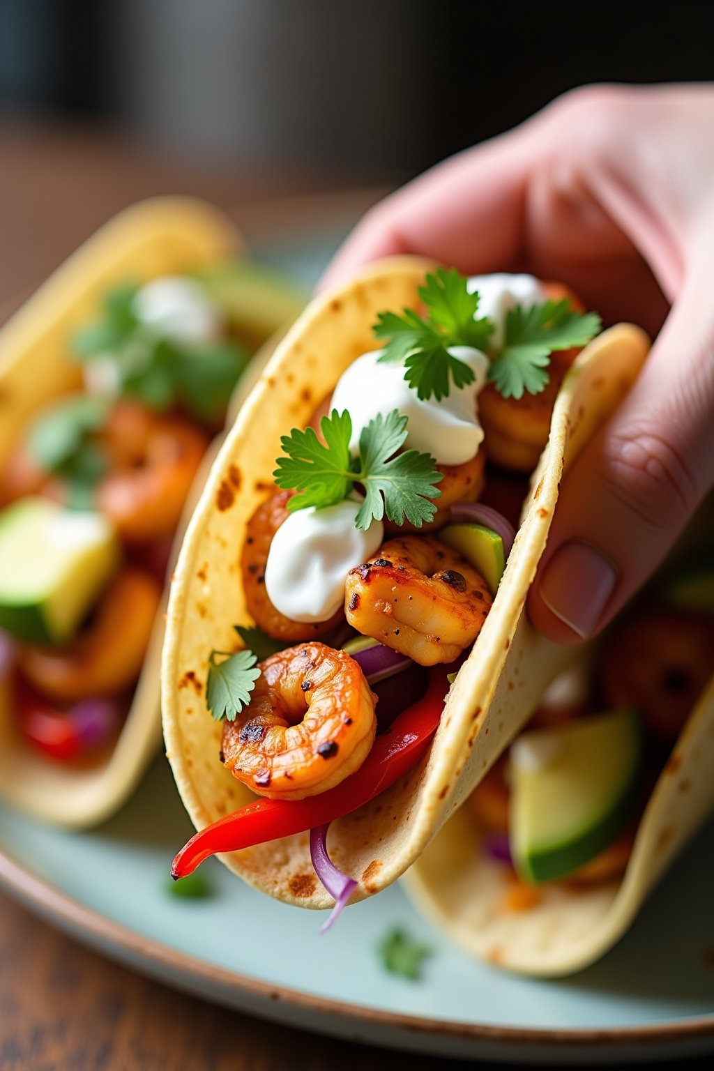 Close-up of assembled shrimp fajita taco being held in hand, warm flour tortilla filled with seasoned pink shrimp, roasted colorful peppers and onions, topped with sour cream, avocado slices, and f...
