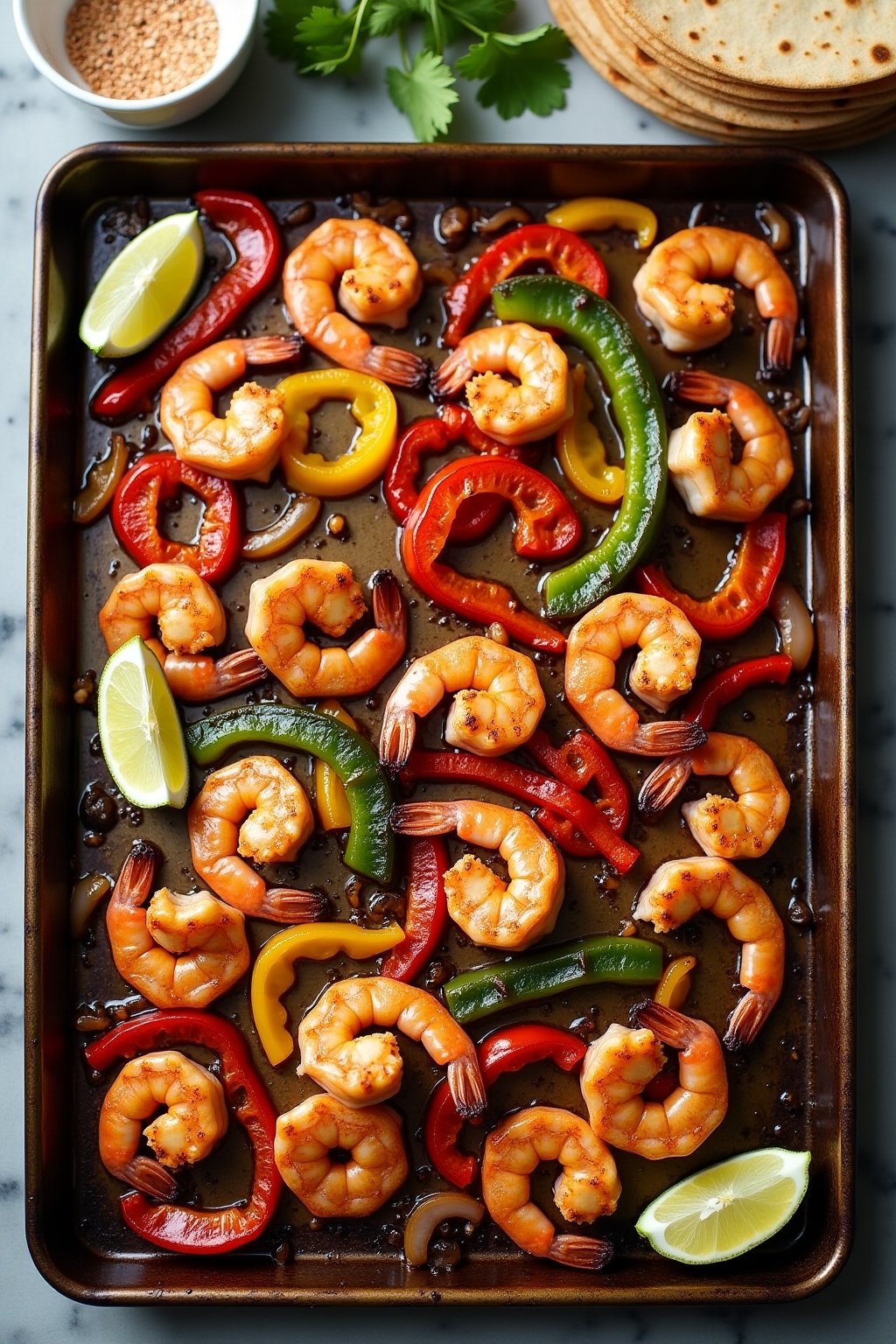 Sheet pan shrimp fajitas on a large baking sheet fresh from the oven, perfectly roasted pink shrimp with charred colorful bell pepper strips and caramelized onions, fajita seasoning visible, lime w...