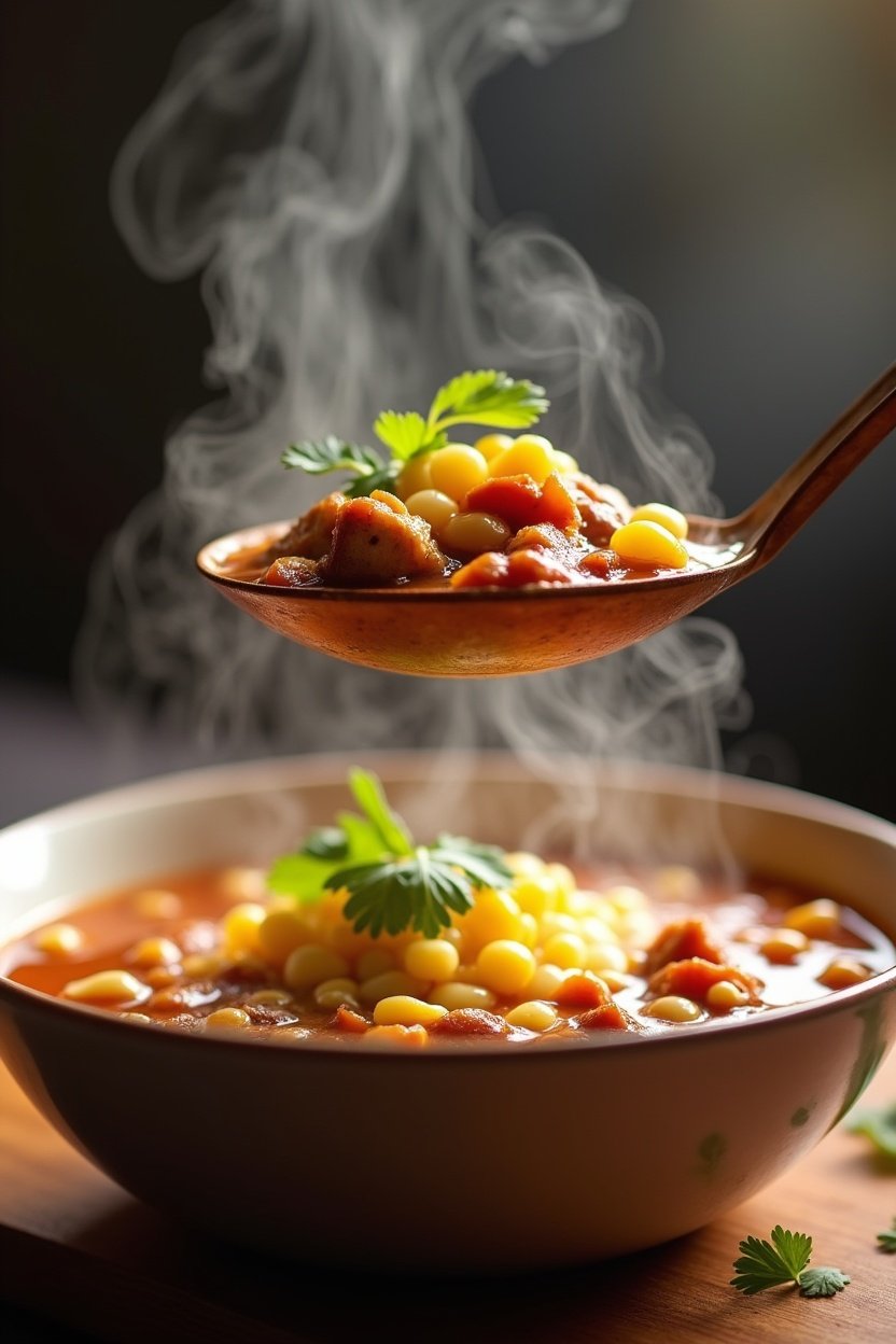 Ladle pouring chicken tortilla soup into a bowl, steaming broth with chicken beans and corn visible, warm kitchen scene, comfort food photography
