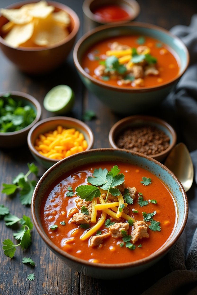 Chicken tortilla soup dinner spread from above, bowls of soup with various topping bowls arranged around, tortilla chips, limes, cilantro, festive table setting