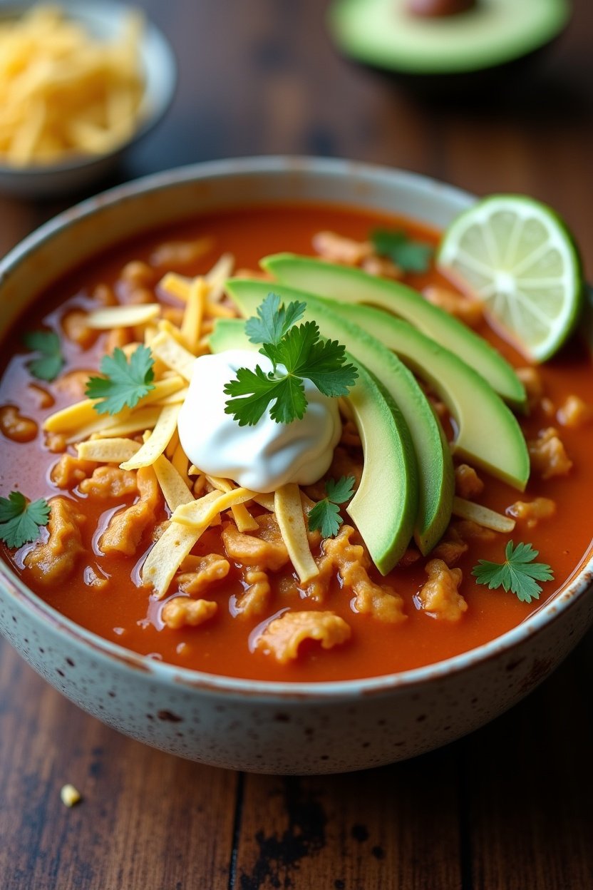 Bowl of chicken tortilla soup topped with crispy tortilla strips, avocado slices, sour cream dollop, cilantro, and shredded cheese, lime wedge on the side, colorful Mexican-inspired food photography