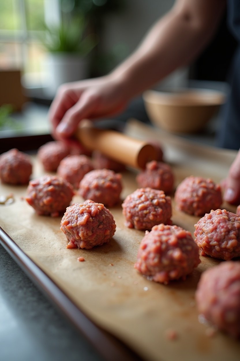 Hands rolling meatball mixture into balls on a parchment-lined baking sheet, raw meatballs in rows, kitchen preparation scene