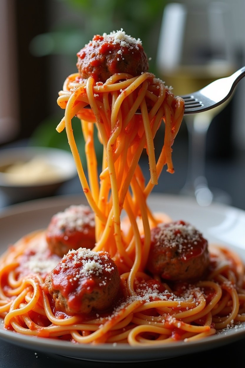 Spaghetti and meatballs twirled on a fork being lifted from a plate, marinara sauce dripping, parmesan dusted, Italian dinner setting, appetizing food photography
