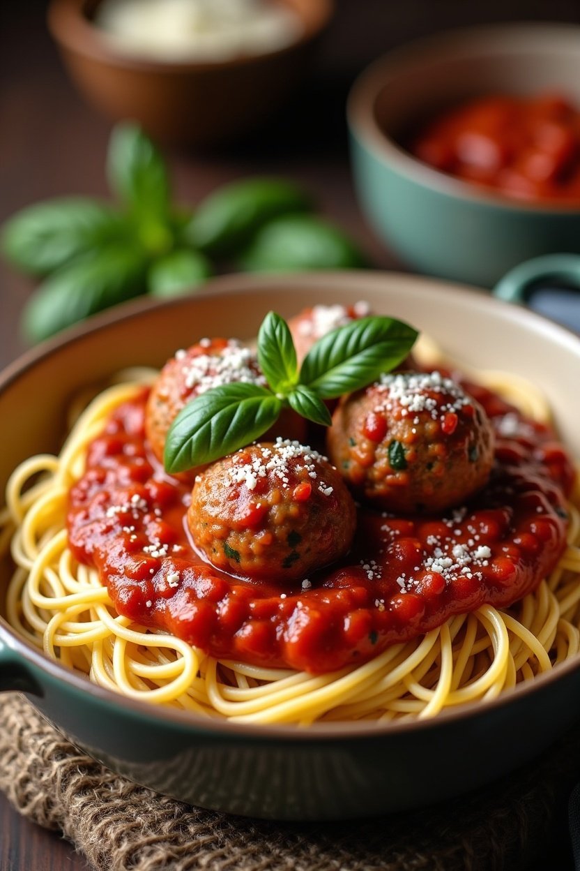 Homemade meatballs in rich marinara sauce in a deep ceramic bowl, garnished with fresh basil and grated parmesan, spaghetti nest underneath, rustic Italian kitchen setting, warm lighting