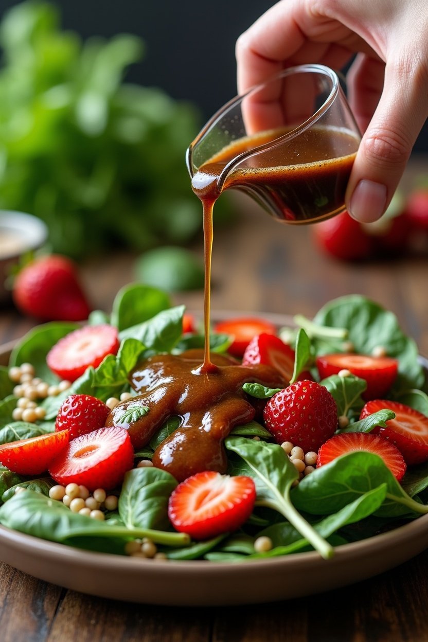Balsamic vinaigrette being drizzled from a small pitcher over strawberry spinach salad, glistening dressing, fresh ingredients