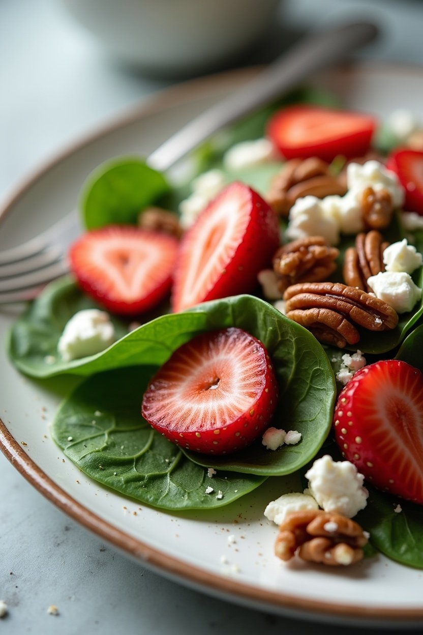 Close-up of salad portion on a plate showing strawberry slices, spinach leaves, goat cheese crumbles, and candied pecans, fork on the side, spring lunch setting