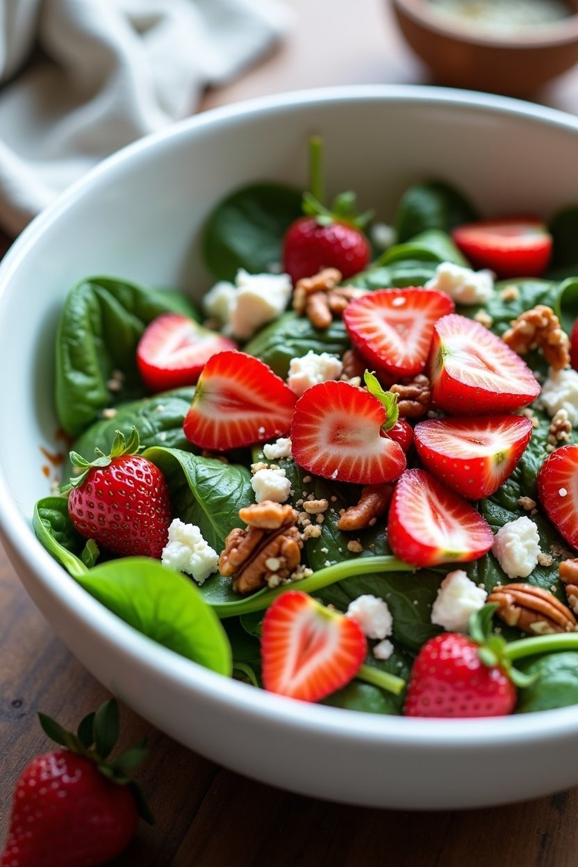 Fresh strawberry spinach salad in a large white serving bowl, bright red sliced strawberries on green spinach, crumbled white goat cheese, candied pecans, light balsamic dressing, bright natural li...
