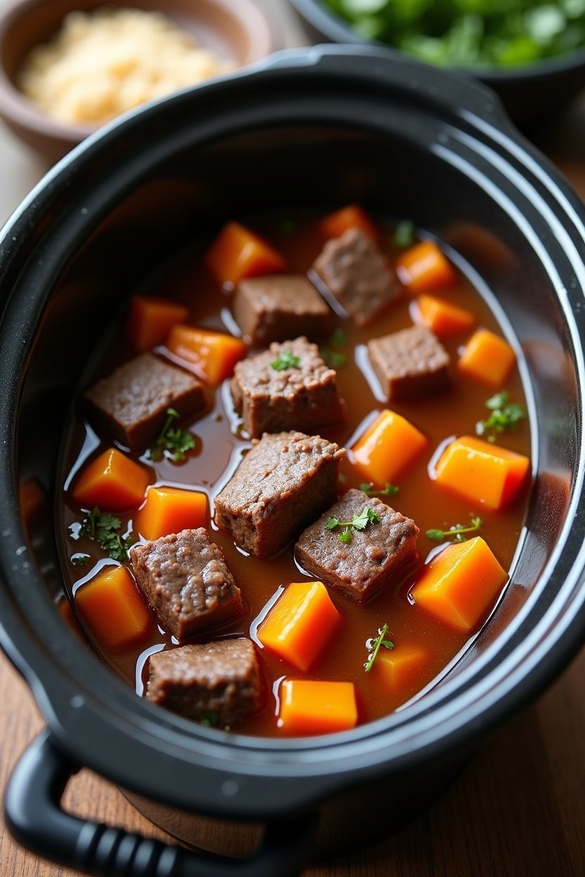 Slow cooker full of beef stew from above, chunks of beef and colorful root vegetables in rich broth, bay leaves visible, steam rising, rustic kitchen setting