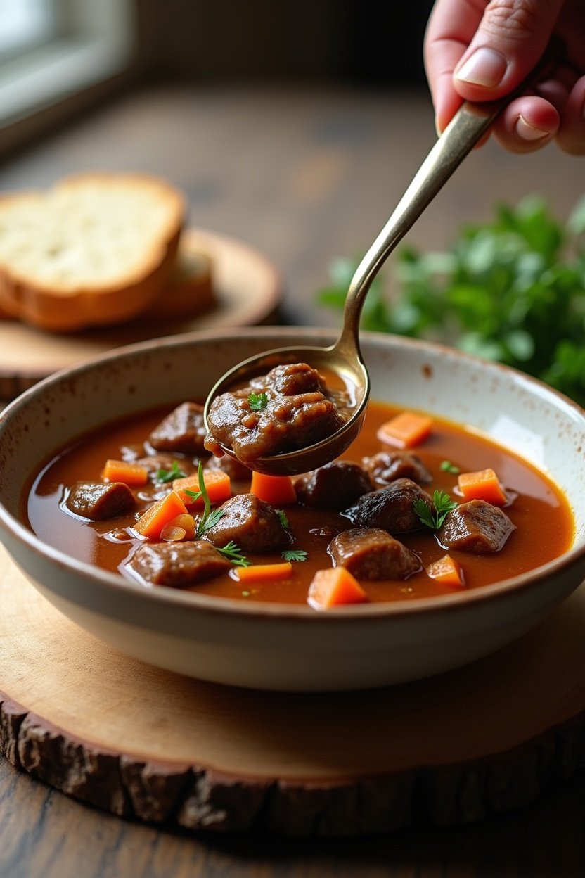 Bowl of beef stew being served with a ladle, thick rich gravy, tender vegetables, wooden table with bread board and fresh herbs, comfort food photography