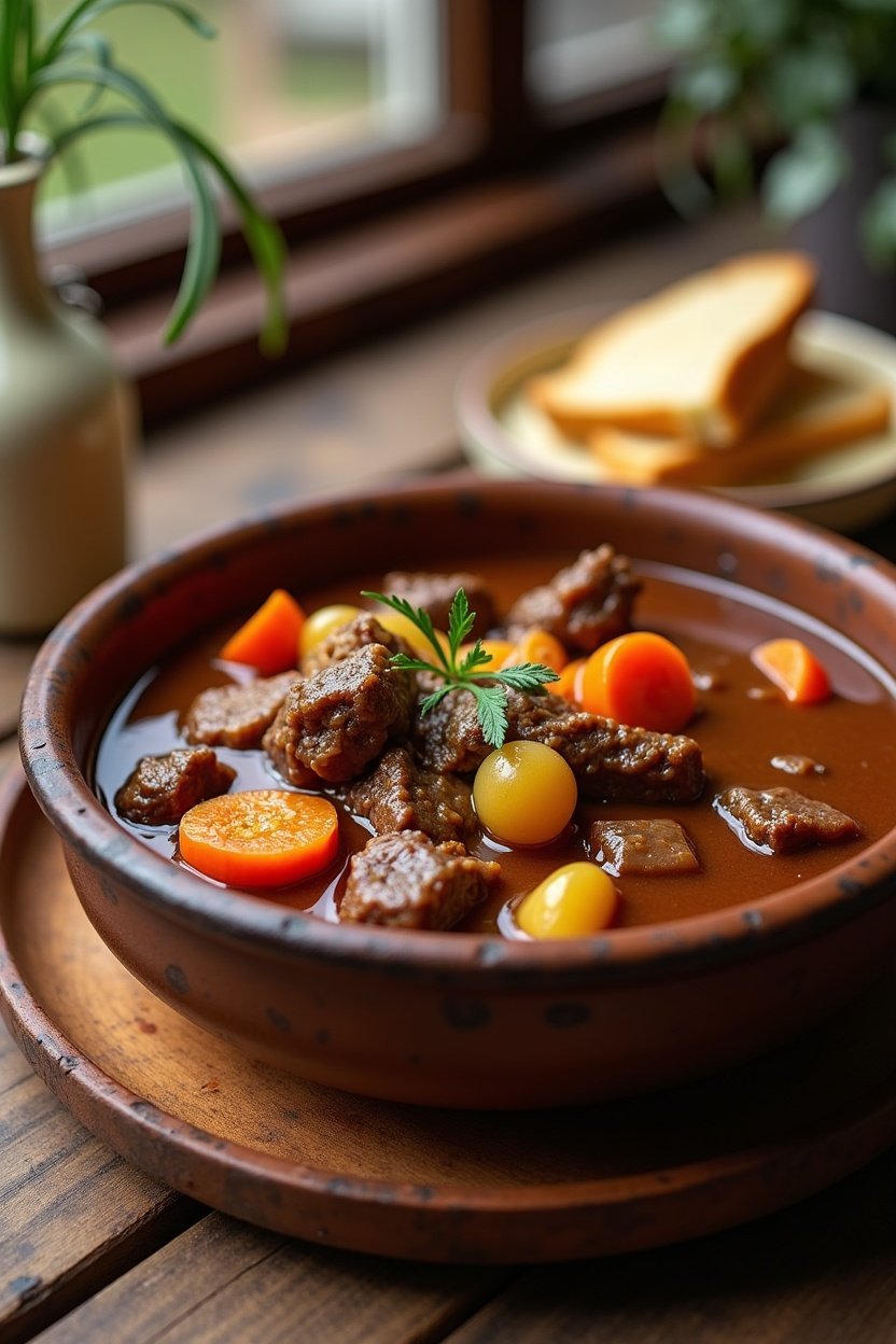 Hearty slow cooker beef stew in a rustic ceramic bowl, tender beef chunks with carrots potatoes and root vegetables in rich brown gravy, crusty bread alongside, warm cozy kitchen