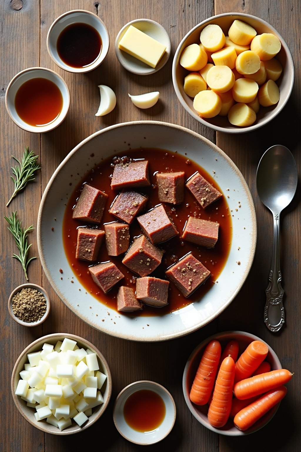 Flat lay of slow cooker meal ingredients — seasoned beef stew pieces, halved baby potatoes, baby carrots, diced onion, garlic cloves, butter pats