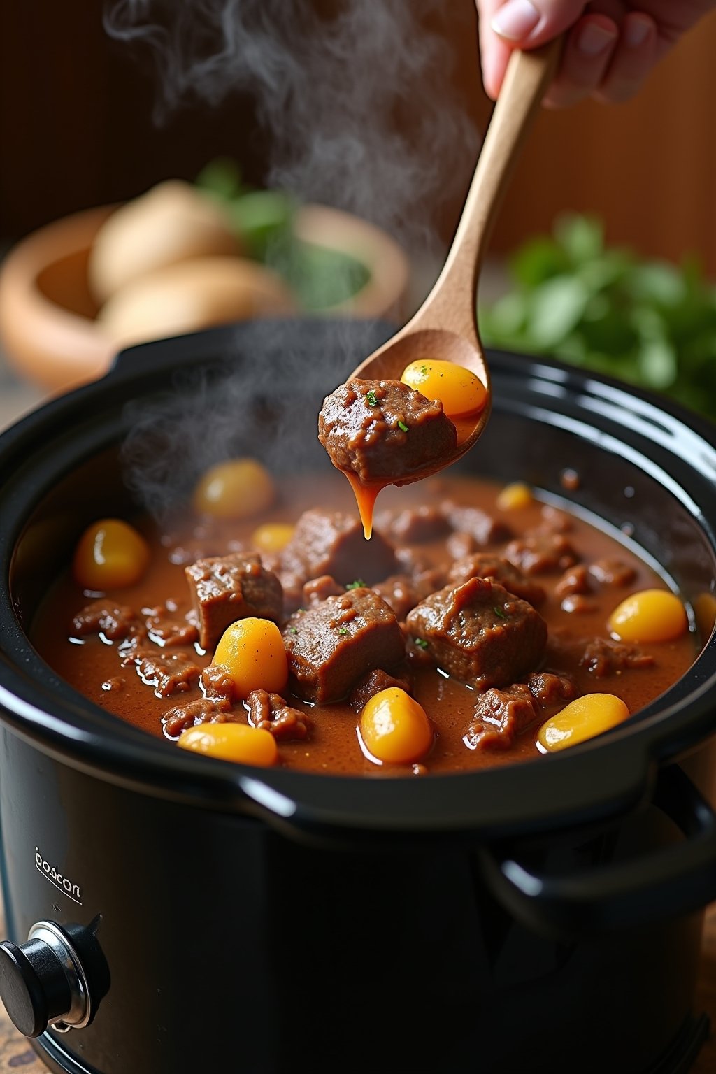 Slow cooker with lid lifted showing tender beef and potatoes in a rich glossy sauce inside, steam billowing out, wooden spoon scooping a piece of fork-tender beef that's falling apart, warm kitchen...