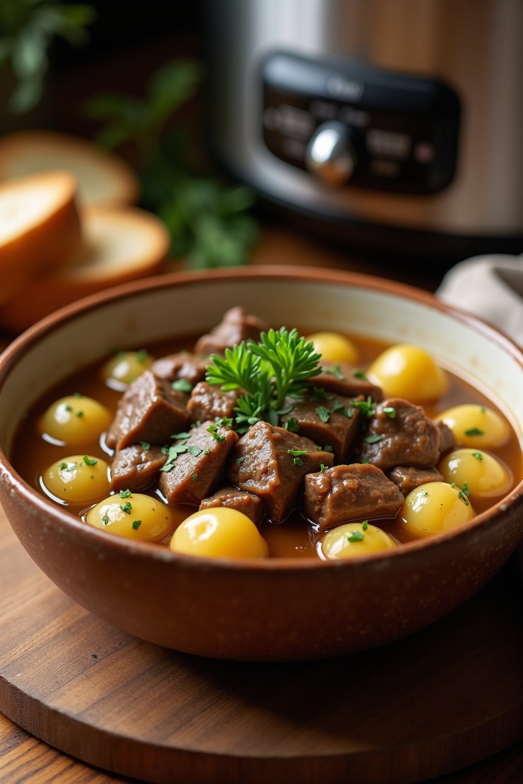 Slow cooker garlic butter beef and potatoes in a rustic ceramic bowl, fork-tender beef chunks and golden baby potatoes in a rich glossy garlic butter sauce, fresh parsley garnish on top, steam risi...