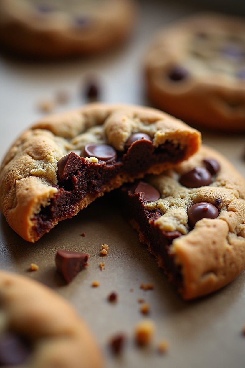 Close-up of a chocolate chip cookie broken in half, stretchy melted chocolate, soft chewy center visible, crumbly texture, warm lighting