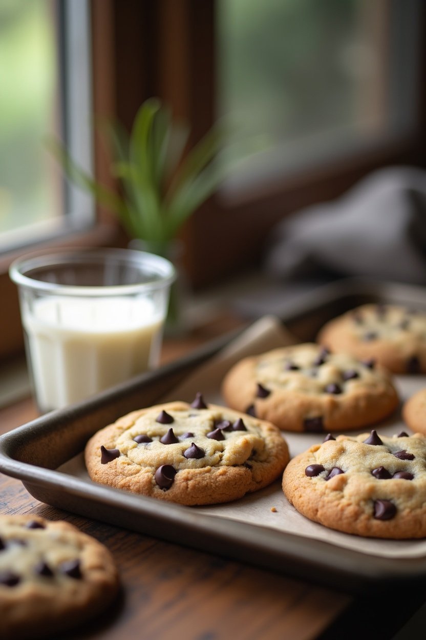 Chocolate chip cookies on a baking sheet fresh from the oven, slightly golden edges, glass of milk alongside, cozy kitchen baking scene